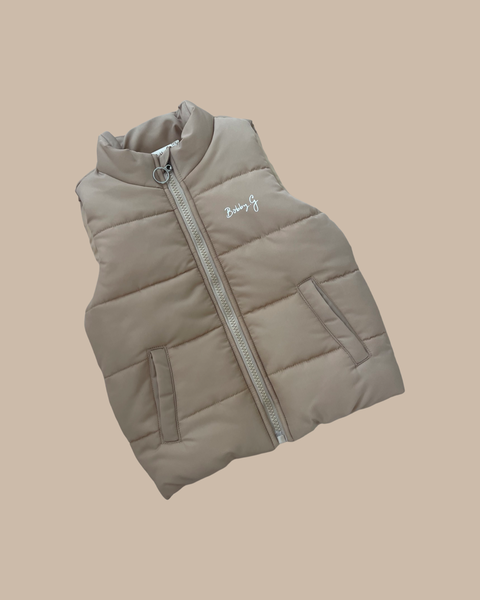 Baby/toddler/kids puffer vest in brown with a zip closure and Bobby G logo printed in white on the chest 