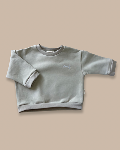 Wide, boxy fit, green jumper with white Bobby G embroidery available in baby, toddler and kids sizes 