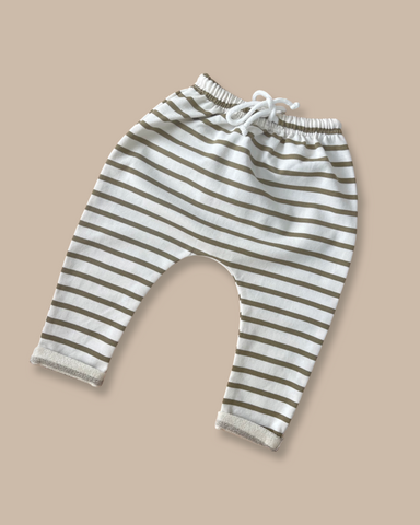 Green and white striped drop crotch pants made from organic cotton available in baby, toddler and kids sizes 