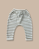 Organic cotton unisex pants in green and white stripes featuring pockets available in baby, toddler and kids sizes with Bobby G branding tag 